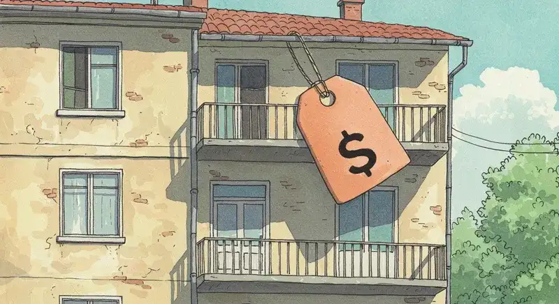 アパートと吊り下げられた高額料金のタグ